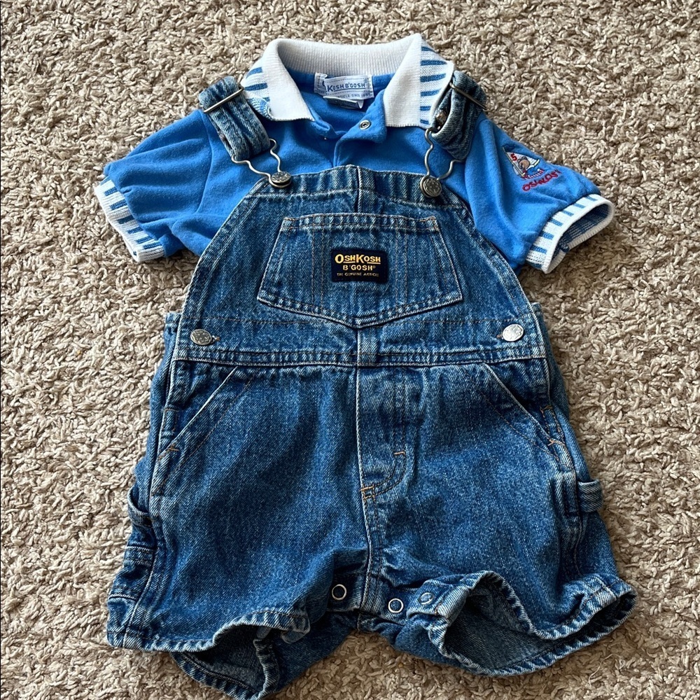 Vintage OshKosh B'gosh Short Sleeve Polo & Denim Shortalls - Size 6-9 Months